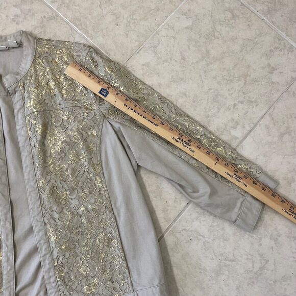 Chico's Platinum Jacket Taupe Gold Lace Overlay Open Front Size 3 ( X- Large ) - Picture 9 of 11